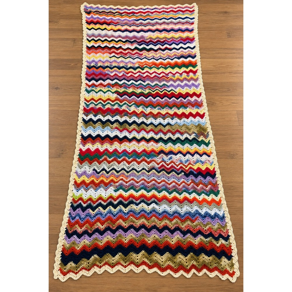 Vintage Handmade Crochet Chevron Afghan Blanket Multicolor Ripple Cottagecore